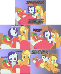 Size: 2002x2404 | Tagged: safe, artist:crispokefan, applejack, rarity, oc, oc:pun, earth pony, pony, unicorn, ask pun, g4, ask, bed, clock, comic, cowboy hat, female, food, gradient background, hat, high res, mare, sick, soup, thermometer, underhoof