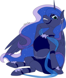 Size: 1153x1351 | Tagged: dead source, safe, alternate version, artist:mythpony, princess luna, alicorn, pony, g4, belly dancer, clothes, ear piercing, female, grin, looking at you, mare, piercing, see-through, signature, simple background, sitting, smiling, smiling at you, solo, spread wings, transparent background, wings