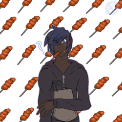Size: 1688x1688 | Tagged: safe, artist:moonaknight13, oc, oc only, oc:nireus eclipse, human, bag, clothes, dark skin, food, humanized, kebab, shopping bag, simple background, solo, transparent background