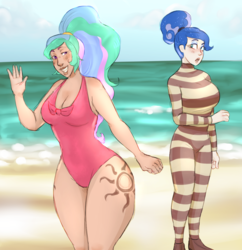Size: 1032x1064 | Tagged: safe, artist:cottoncloudy, princess celestia, princess luna, human, between dark and dawn, g4, beach, breasts, bun, busty princess luna, cis, cis girl, clothes, duo, female, humanized, one-piece swimsuit, ponytail, swimsuit, tattoo