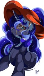 Size: 1198x2048 | Tagged: safe, artist:tohupo, princess luna, pony, g4, constellation, constellation hair, cute, ethereal mane, female, glasses, hat, lunabetes, mare, meganekko, simple background, solo, starry mane, white background