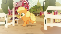 Size: 1280x720 | Tagged: safe, screencap, applejack, earth pony, pony, g4, going to seed, female, fence, filly, filly applejack, freckles, smiling, solo, sweet apple acres, younger