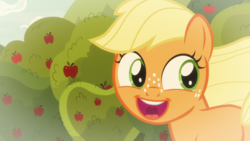 Size: 1920x1080 | Tagged: safe, screencap, applejack, earth pony, pony, g4, going to seed, apple, apple tree, female, filly, filly applejack, freckles, happy, open mouth, smiling, solo, tree, younger