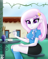 Size: 2600x3194 | Tagged: safe, artist:theretroart88, fleur-de-lis, equestria girls, g4, adorasexy, beautiful, beautisexy, breasts, busty fleur-de-lis, cafe, cleavage, clothes, cup, cute, female, fleurabetes, food, high res, legs, looking at you, miniskirt, scarf, sexy, sitting, skirt, socks, solo, spoon, stool, tea, thighs, waifu material, woman