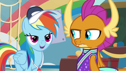 Size: 1920x1080 | Tagged: safe, screencap, rainbow dash, smolder, dragon, pegasus, pony, 2 4 6 greaaat, g4, annoyed, cheerleader, cheerleader outfit, cheerleader smolder, clothes, coach, coach rainbow dash, coaching cap, dragoness, duo, fangs, female, folded wings, frown, glare, hat, horns, lidded eyes, mare, slit pupils, smolder is not amused, smug, teenaged dragon, teenager, unamused, whistle, whistle necklace, wings