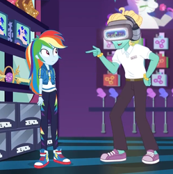 Size: 627x630 | Tagged: safe, screencap, rainbow dash, zephyr breeze, dashing through the mall, equestria girls, equestria girls series, g4, holidays unwrapped, spoiler:eqg series (season 2), ankles, clothes, cropped, female, geode of super speed, magical geodes, male, no socks, pants, shoes, smiling, sneakers, toy, vr headset