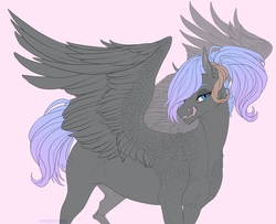 Size: 1600x1300 | Tagged: safe, artist:dementra369, oc, oc only, pegasus, pony, female, horns, mare, ponytail, simple background, spread wings, tongue out, wings