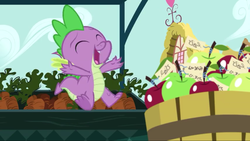 Size: 1280x720 | Tagged: safe, screencap, spike, dragon, g4, the big mac question, apple, claws, cute, eyes closed, fangs, food, ponyville, spikabetes, spread toes, tail, winged spike, wings