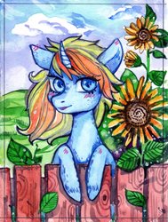 Size: 1945x2576 | Tagged: safe, artist:matokiro, oc, oc only, oc:skydreams, pony, unicorn, blushing, ear blush, female, fence, flower, mare, sunflower, watercolor painting, ych result