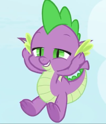 Size: 613x720 | Tagged: safe, screencap, spike, dragon, g4, the big mac question, claws, cropped, feet, flying, male, male feet, smiling, solo, tail, toes, winged spike, wings
