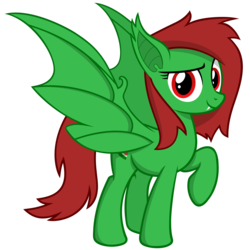 Size: 3000x3000 | Tagged: safe, artist:chrisfhey, oc, oc only, oc:watermelon frenzy, pony, vampire bat pony, fangs, green coat, high res, looking at you, red mane, solo, standing, updated, vampire wings, vector, wings
