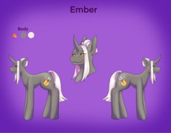 Size: 2522x1963 | Tagged: safe, artist:snows-undercover, oc, oc only, oc:ember arrow, pony, unicorn, colored sclera, curved horn, female, horn, mare, reference sheet, solo