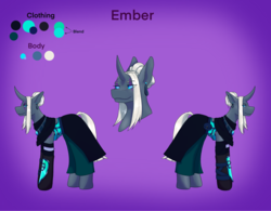 Size: 2522x1963 | Tagged: safe, alternate version, artist:snows-undercover, oc, oc only, oc:ember arrow, pony, unicorn, armor, bandage, belt, clothes, colored sclera, curved horn, ear piercing, earring, female, gauntlet, gloves, hair bun, horn, jewelry, mare, pants, piercing, pouch, reference sheet, skirt, solo, tattoo