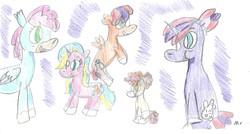 Size: 1965x1052 | Tagged: safe, artist:ptitemouette, oc, oc:aquamarine, oc:jellyfish, oc:magic spoon, oc:opal pearl, oc:starfish, pony, baby, baby pony, brother and sister, father and daughter, father and son, female, male, mother and daughter, mother and son, parent:oc:chili pepper, parent:oc:coquillage, parent:oc:galaxy trick, parent:oc:harry trotter, parent:oc:magic spoon, parent:oc:opal pearl, parents:oc x oc, siblings, sisters, traditional art