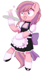 Size: 1369x1898 | Tagged: safe, artist:wavecipher, oc, oc only, oc:sweet haze, pony, bipedal, clothes, clumsy, cocktail, cocktail glass, cute, female, maid, simple background, transparent background, tray