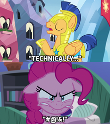 Size: 1280x1440 | Tagged: safe, edit, edited screencap, screencap, flash sentry, pinkie pie, earth pony, pegasus, pony, g4, the maud couple, twilight's kingdom, angry, armor, bed, bookshelf, caption, censored vulgarity, floppy ears, funny, grawlixes, implied mudbriar, lol, male, pinkie pie is not amused, rage, reaction image, royal guard, royal guard armor, stallion, technically, this will end in laughs, this will end in pain, this will not end well, unamused