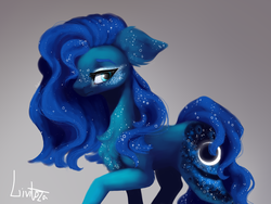 Size: 4128x3096 | Tagged: safe, artist:livitoza, princess luna, pony, unicorn, g4, alternate design, female, freckles, gradient background, looking at you, missing horn, solo, wingless