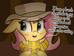 Size: 2676x2025 | Tagged: safe, artist:artiks, fluttershy, pegasus, pony, daring doubt, g4, blushing, cheek fluff, confession, cute, dialogue, female, floppy ears, hat, high res, mare, shyabetes, solo, truth talisman