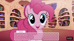 Size: 750x418 | Tagged: safe, artist:tweek studio animation, pinkie pie, earth pony, pony, g4, asking forgiveness, cute, diapinkes, female, golden oaks library, looking at you, mare, show accurate, solo, talking to viewer, text box, youtube