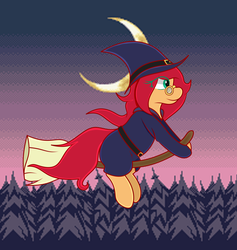 Size: 2427x2562 | Tagged: safe, artist:spk, oc, oc:vivian cereza, pony, broom, eye clipping through hair, flying, flying broomstick, glasses, hat, high res, night, witch costume, witch hat