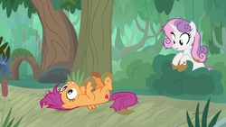 Size: 1920x1080 | Tagged: safe, screencap, scootaloo, sweetie belle, pegasus, pony, unicorn, g4, growing up is hard to do, female, forest, mare, mud, older