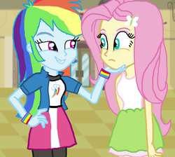 Size: 1400x1257 | Tagged: safe, artist:bigpurplemuppet99, artist:claydoscope, fluttershy, rainbow dash, equestria girls, g4, base used, cafeteria, female, lesbian, ship:flutterdash, shipping