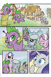 Size: 495x752 | Tagged: safe, artist:billforster, diamond tiara, rarity, silver spoon, spike, dragon, earth pony, pony, unicorn, g4, apple, apple tree, comic, concerned, exclamation point, female, filly, flower, glasses, jewelry, male, mare, necklace, pearl necklace, picking flowers, tiara, tree