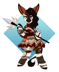 Size: 810x987 | Tagged: safe, artist:mamachubs, oc, oc only, okapi, african, black hair, clothes, hair, skirt, solo, spear, tribal, weapon