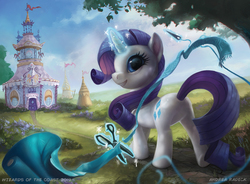 Size: 1200x881 | Tagged: safe, artist:andrea radeck, rarity, pony, g4, official, carousel boutique, female, glowing horn, horn, magic, magic the gathering, ponies the galloping, ribbon, scissors, sewing needle, signature, solo, telekinesis