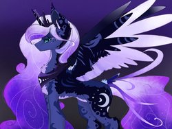 Size: 2048x1536 | Tagged: safe, artist:siripim111, princess luna, alicorn, pony, g4, alternate design, chest fluff, colored wings, crown, ear fluff, ethereal mane, female, gradient background, jewelry, long mane, mare, multicolored wings, pale belly, regalia, side view, solo, starry mane, wings