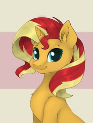 Size: 1536x2048 | Tagged: safe, artist:siripim111, sunset shimmer, pony, unicorn, g4, bust, chest fluff, cute, ear fluff, female, green eyes, looking at you, mare, shimmerbetes, simple background, sitting, smiling, solo