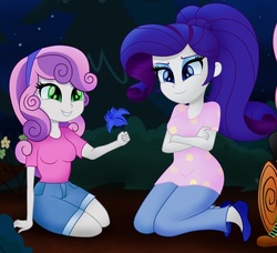Size: 568x517 | Tagged: safe, artist:theretroart88, edit, editor:thomasfan45, rarity, sweetie belle, equestria girls, g4, adorable face, alternate clothes, alternate hairstyle, beautiful, blouse, camping, clothes, cropped, cute, diasweetes, digital art, duo, female, flower, forest, happy, headband, pants, ponytail, shirt, shorts, siblings, sisters, sitting, sitting on ground, smiling, woman