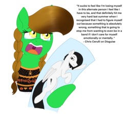 Size: 1743x1617 | Tagged: safe, artist:dyonys, oc, oc:lucky brush, oc:motionless white, earth pony, pegasus, pony, body pillow, chris cerulli, clothes, crying, female, male, mare, motionless in white, open mouth, sad, stallion, sweater, text, yamero