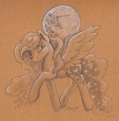 Size: 946x960 | Tagged: safe, artist:jessi_lionheart, princess luna, alicorn, pony, g4, ethereal mane, female, galaxy mane, gel pen, mare, moon, pencil drawing, shading, smiling, toned paper, traditional art