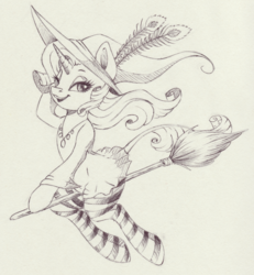 Size: 1617x1753 | Tagged: safe, artist:faline-art, rarity, pony, g4, broom, clothes, costume, female, flying, flying broomstick, lidded eyes, monochrome, nightmare night, nightmare night costume, smiling, solo, traditional art, witch costume