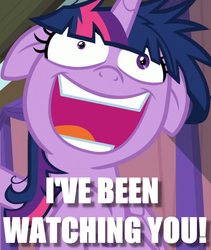 Size: 913x1080 | Tagged: safe, edit, edited screencap, screencap, twilight sparkle, alicorn, pony, a trivial pursuit, g4, caption, cropped, female, floppy ears, image macro, insanity, mare, messy mane, solo, text, twilight snapple, twilight sparkle (alicorn), twilight stalker