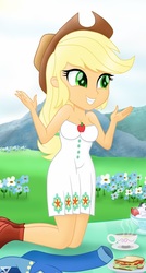 Size: 517x967 | Tagged: safe, artist:theretroart88, edit, editor:thomasfan45, applejack, equestria girls, equestria girls series, g4, spoiler:eqg series (season 2), applejack's hat, bare arms, beautiful, clothes, cowboy hat, cropped, cup, cute, discarded clothing, dress, female, field, food, grass, happy, hat, jackabetes, kneeling, legs, picnic, picnic blanket, sandwich, sexy, smiling, solo, tea, teacup