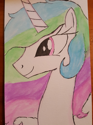 Size: 747x1000 | Tagged: safe, artist:notawriteranon, princess celestia, alicorn, pony, g4, female, messy mane, side view, solo, traditional art, watercolor painting