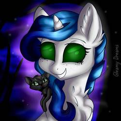 Size: 894x894 | Tagged: safe, artist:gleamydreams, oc, oc only, oc:gleamy, pony, unicorn, black cat, creepy, halloween, holiday, looking at you, smiling, smiling at you, solo