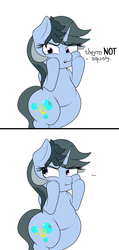 Size: 2881x6059 | Tagged: safe, artist:blitzyflair, oc, oc only, oc:blitzy flair, pony, unicorn, ..., 2 panel comic, blushing, cheek squish, comic, cute, dialogue, female, mare, ocbetes, pouting, simple background, solo, squishy cheeks, white background, wide hips