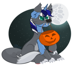 Size: 981x815 | Tagged: safe, artist:cadetredshirt, oc, oc only, pony, unicorn, animal costume, claws, clothes, commission, costume, ear fluff, fangs, full body, full moon, gradient background, halloween, halloween costume, holiday, horn, male, mask, moon, mouth hold, night, nightmare night, nightmare night costume, pumpkin, pumpkin bucket, simple background, sitting, sky, solo, stallion, stars, transparent background, trick or treat, wolf costume, ych result