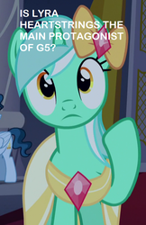 Size: 509x787 | Tagged: safe, edit, edited screencap, screencap, lyra heartstrings, pony, unicorn, g4, make new friends but keep discord, clothes, cropped, dress, female, g5 speculation, solo focus, speculation, text