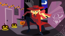 Size: 6830x3840 | Tagged: safe, artist:legendaryspider, sunset shimmer, equestria girls, g4, alley, candy, carmen sandiego, clothes, coat, costume, crescent moon, crossover, fedora, food, geode of empathy, gloves, halloween, halloween costume, hat, high heels, holiday, jack-o-lantern, lights, looking at you, magical geodes, moon, netflix, night, pumpkin, pumpkin bucket, red coat, red hat, shoes, spider web, style emulation, superhero landing, trick or treat, watermark, windswept hair