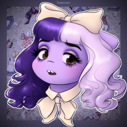 Size: 1654x1654 | Tagged: safe, artist:katputze, pony, bow, bust, female, hair bow, mare, melanie martinez, open mouth, ponified, portrait, solo, tooth gap, white outline