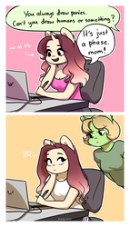 Size: 1300x2274 | Tagged: safe, artist:katputze, oc, oc only, oc:crimson sunset, unicorn, anthro, anthro oc, braces, caught, clothes, comic, computer, drawing, drawing tablet, female, it's a phase, it's not a phase, laptop computer, mare, mom, mother and daughter, mother's day, ponysona, shirt, sitting, stylus, t-shirt, teenager, the ride never ends, then and now, younger