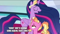 Size: 888x499 | Tagged: safe, edit, edited screencap, screencap, luster dawn, twilight sparkle, alicorn, pony, unicorn, g4, the last problem, carpet, crown, dialogue, duo, eyes closed, female, jewelry, lidded eyes, luster dawn is not amused, mare, meme, mid-blink screencap, older, older twilight, older twilight sparkle (alicorn), open mouth, princess twilight 2.0, regalia, teacher and student, text, throne room, twilight sparkle (alicorn)