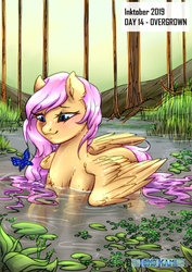 Size: 2149x3035 | Tagged: safe, artist:tokokami, fluttershy, butterfly, pegasus, pony, g4, cute, female, high res, inktober, inktober 2019, lilypad, mare, outdoors, pond, shyabetes, solo, wet mane