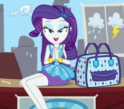 Size: 1113x980 | Tagged: safe, screencap, rarity, best trends forever, equestria girls, g4, my little pony equestria girls: better together, bracelet, clothes, cropped, desk, female, handbag, jewelry, legs, lidded eyes, looking at you, open mouth, pencil skirt, purse, rarity peplum dress, rarity's handbag, sitting, skirt, smiling