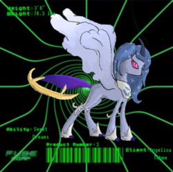 Size: 448x446 | Tagged: safe, artist:spqr21, princess luna, absol, alicorn, lunala, pony, swablu, g4, abstract background, barcode, crossover, ethereal mane, female, fusion, hoof shoes, mare, metal claws, peytral, pokémon, solo, starry mane, story included