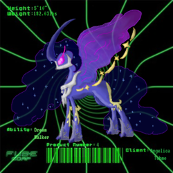Size: 448x448 | Tagged: safe, artist:spqr21, nightmare moon, absol, alicorn, lunala, pony, swablu, g4, abstract background, barcode, crossover, curved horn, ethereal mane, female, fusion, hoof shoes, horn, mare, metal claws, peytral, pokémon, starry mane, story included